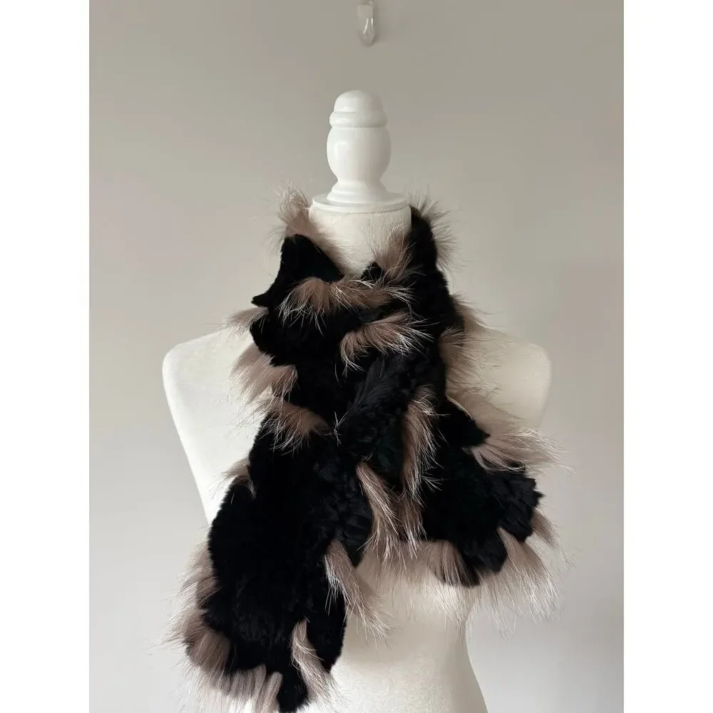 Genuine Rex Rabbit Fur Pull Through Scarf Fox Fur Trim Black Winter Wrap 36